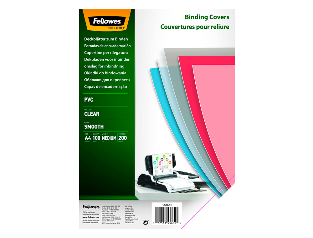 PLAT COUVERTURE FELLOWES PVC 20/100E FORMAT A3 INCOLORE BOÎTE 100 UNITÉS