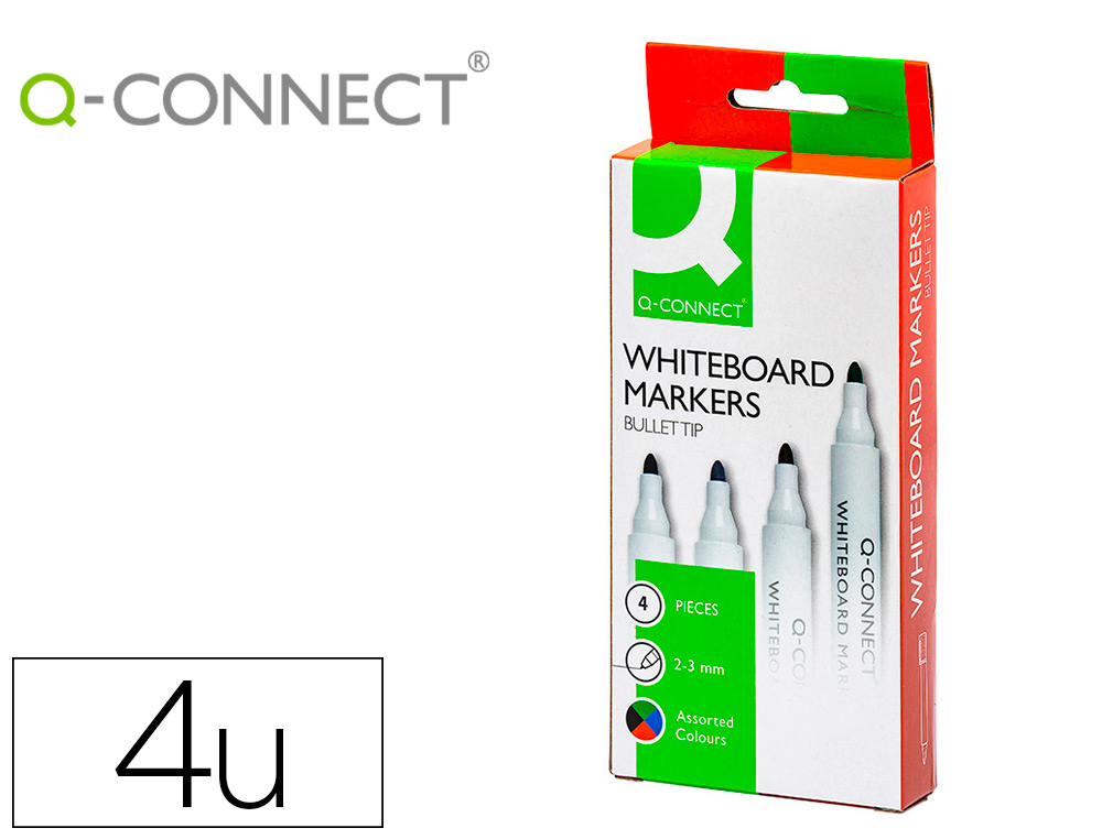 MARQUEUR Q-CONNECT TABLEAU BLANC POINTE OGIVE TRAC 2/3MM   CORPS PLASTIQUE ENCRE BASE    ALCOHOL POCHETTE 4 UNIT ASSORT