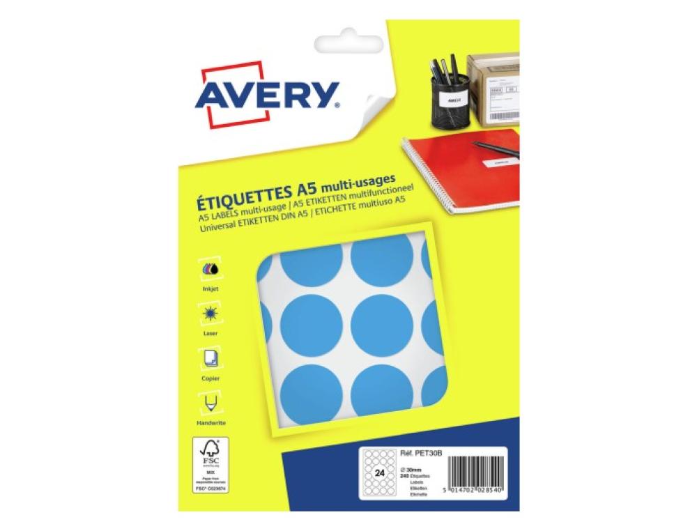 PASTILLE ADH. D30 S/240 BLEU10PASTILLE ADHESIVE IMPRIMABLE - AVERY - DIAMETRE 30MM BLEU - SACHET DE 240