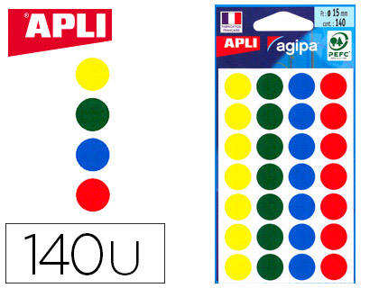 PASTILLE ADHSIVE APLI AGIPA DIAMTRE 15MM COLORIS ASSORTIS POCHETTE 140 UNITS